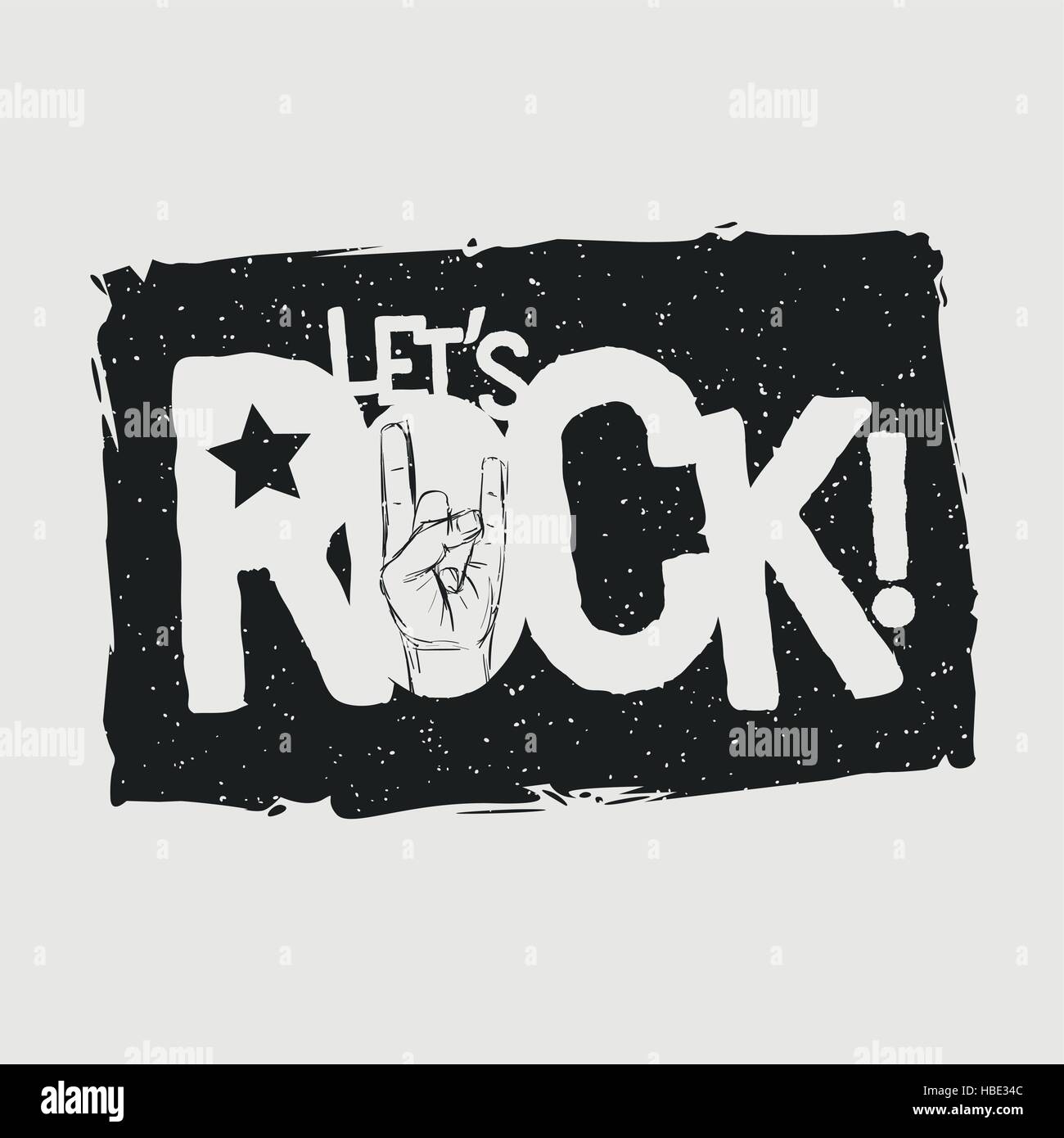 Lasst uns rocken! Grunge typografische Gestaltung für T-shirts, Poster, Flyer etc.. Elemente werden separat in Vektordatei geschichtet. Globale Farbe verwendet. Stock Vektor