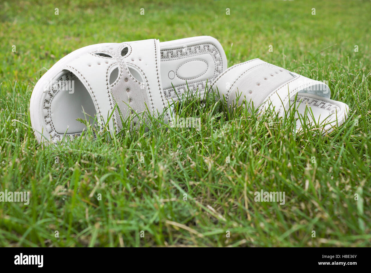 Sandalen auf dem Rasen Stockfoto