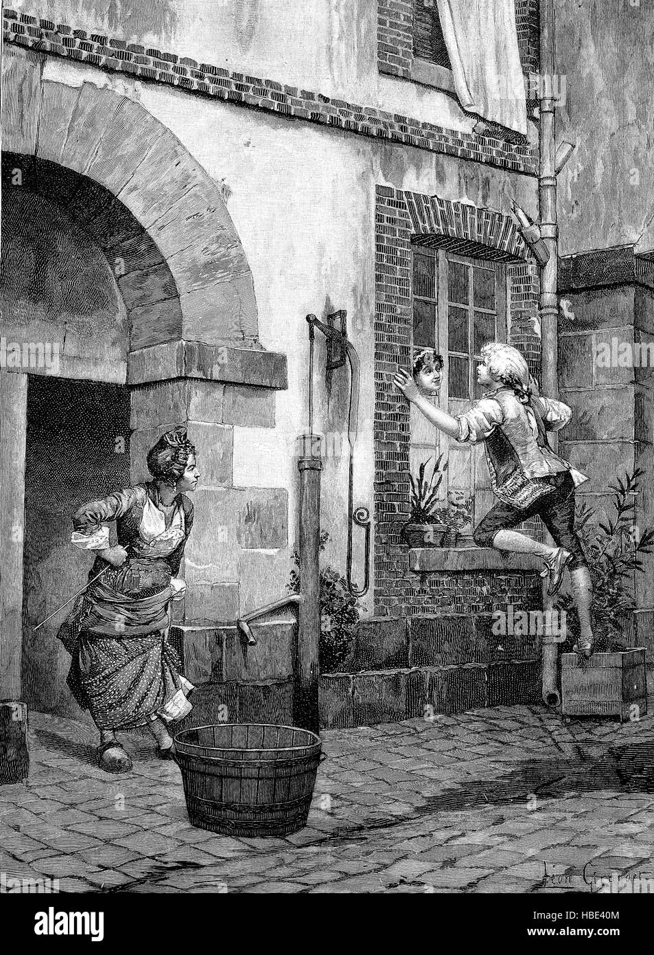 Der unterbrochene Flirt. Junger Mann flirtet mit Mädchen im Fenster und erwischt Mutter, Frankreich, Illustration, Holzschnitt aus dem Jahr 1880 Stockfoto