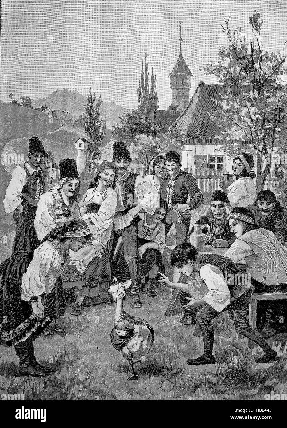 Das Gans-Orakel des deutschen Volkes in Siebenbürgen, Rumänien, Illustration, Holzschnitt aus dem Jahr 1880 Stockfoto