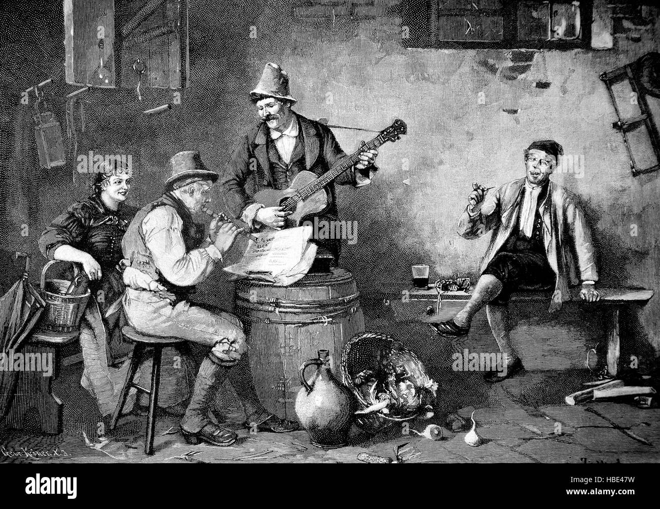 Zwei Männer machen House-Musik mit Querflöte und Gitarre, in einem ländlichen Raum im 19. Jahrhundert, Illustration, Holzschnitt aus dem Jahr 1880 Stockfoto