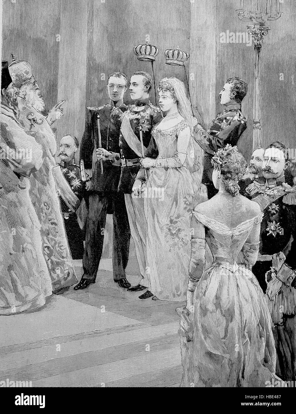 Hochzeit von Prinzessin Sophia von Preußen, Sophia Dorothea Ulrike Alice, 1870 – 1932, und Constantine I, 1868-1923, Illustration, Holzschnitt aus dem Jahr 1880 Stockfoto