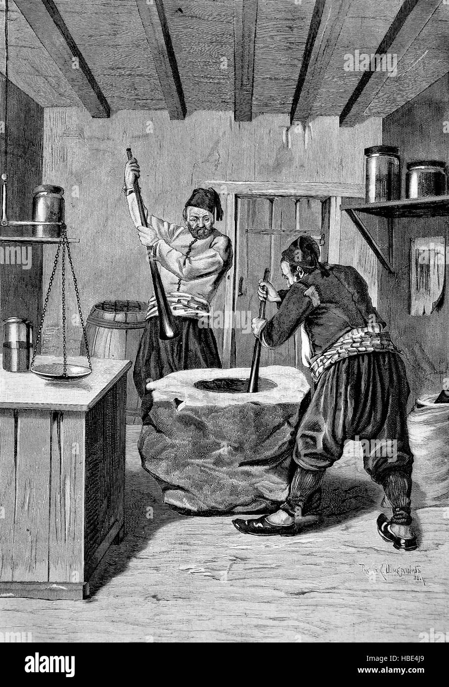 Stampfen der gebrannten Kaffee in Batum, Türkei, Illustration, Holzschnitt aus dem Jahr 1880 Stockfoto