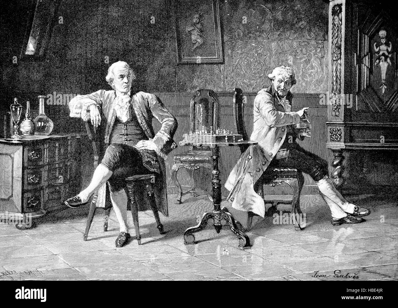 zwei edle Herren haben ihre Partie Schach, Illustration, Holzschnitt aus dem Jahr 1880 unterbrochen. Stockfoto