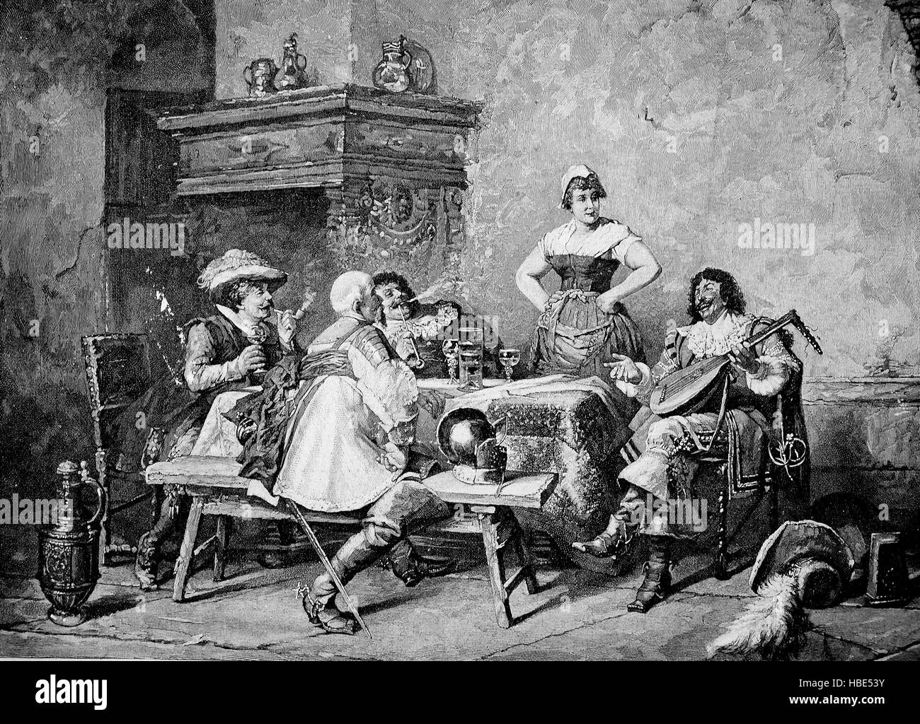 Lustige Gesellschaft bei einer Gastfamilie in Frankreich im 19. Jahrhundert, Illustration, Holzschnitt aus dem Jahr 1880 Stockfoto