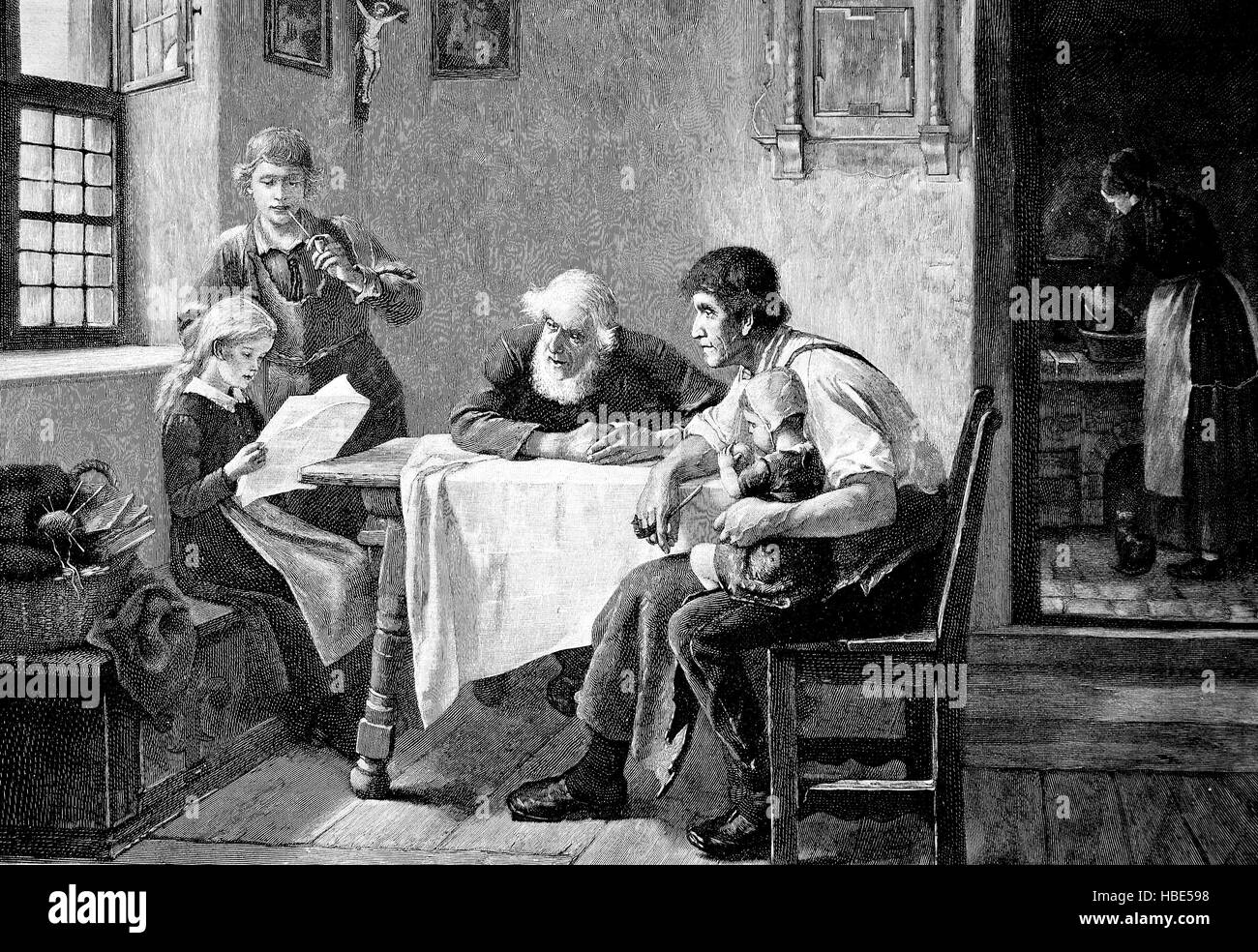 Familie im Wohnzimmer, liest die Tochter aus der Zeitung die neuesten Nachrichten, Deutschland, 19. Jahrhundert, Abbildung, Holzschnitt aus dem Jahr 1880 Stockfoto