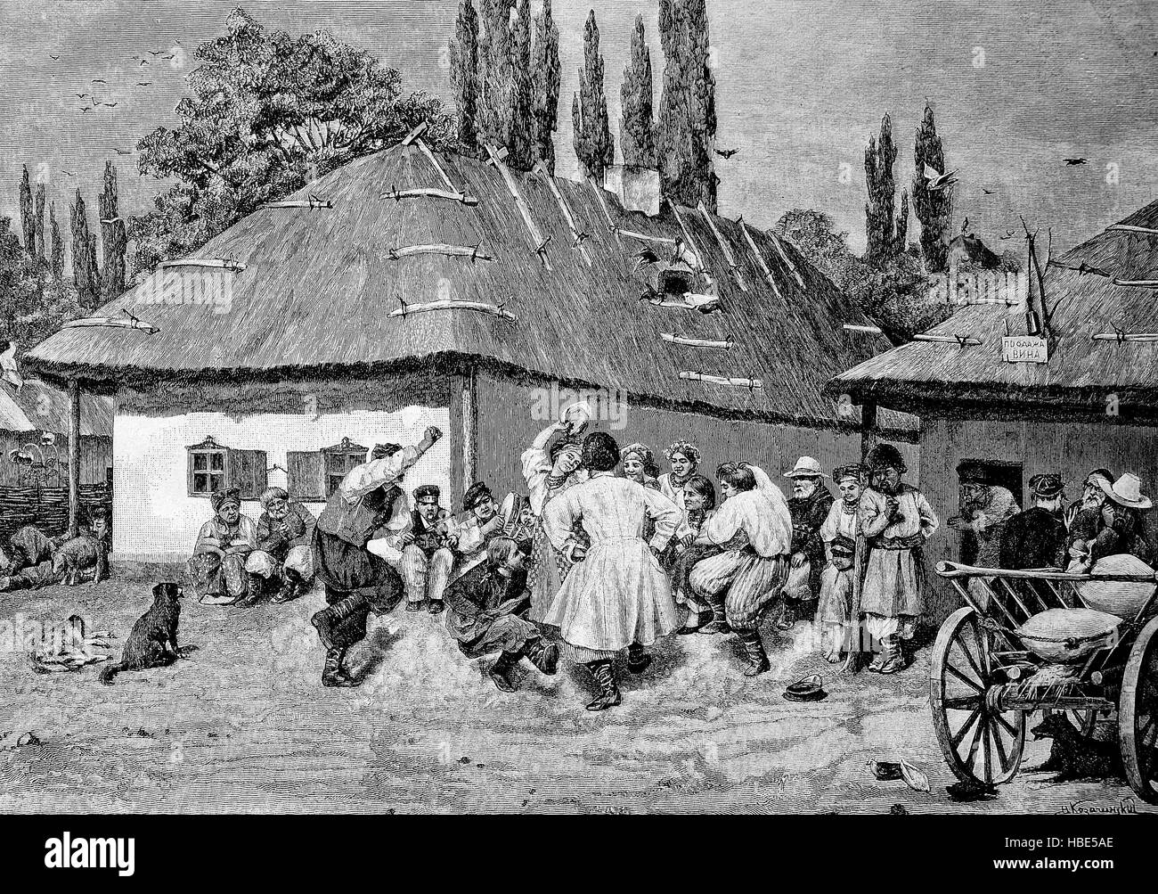 Hopak, auch Gopak oder Kosaken Tanz, ist ein ukrainischer Tanz, Ukraine, Russland, Illustration, Holzschnitt aus dem Jahr 1880 Stockfoto