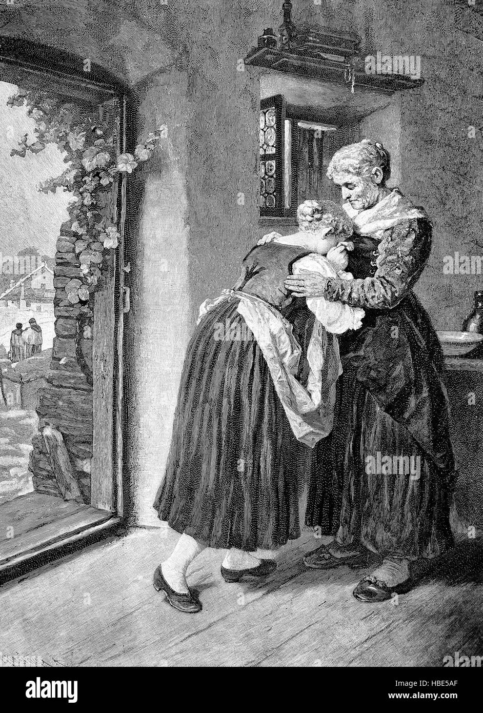Junge Frau ist traurig, wie ihr Geliebter sie verlassen hat. Sie sucht Komfort mit ihrer Mutter, Illustration, Holzschnitt aus dem Jahr 1880 Stockfoto
