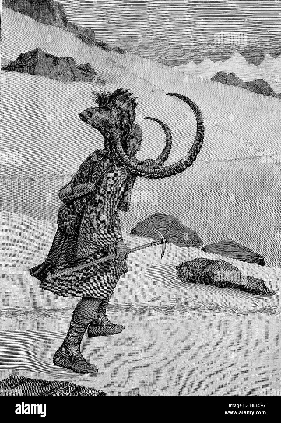 Indien, Steinbock Jagd, Heimkehr mit den abgeschnittenen Kopf ein Steinbock, Illustration, Holzschnitt aus dem Jahr 1880 Stockfoto