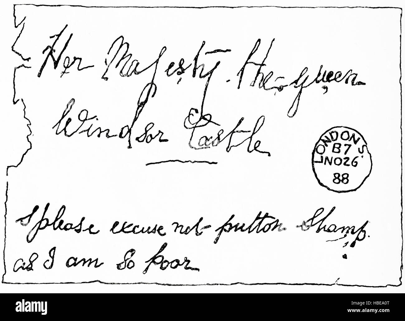 Ein Briefumschlag, der an Ihre Majestät die Königin, Windsor Castle, aus London 1888 gerichtet ist, mit den Worten: 'Bitte entschuldigen Sie nicht den Briefmarke, da ich so arm bin'. Vom Strand Magazine, Vol. I Januar bis Juni 1891. Stockfoto