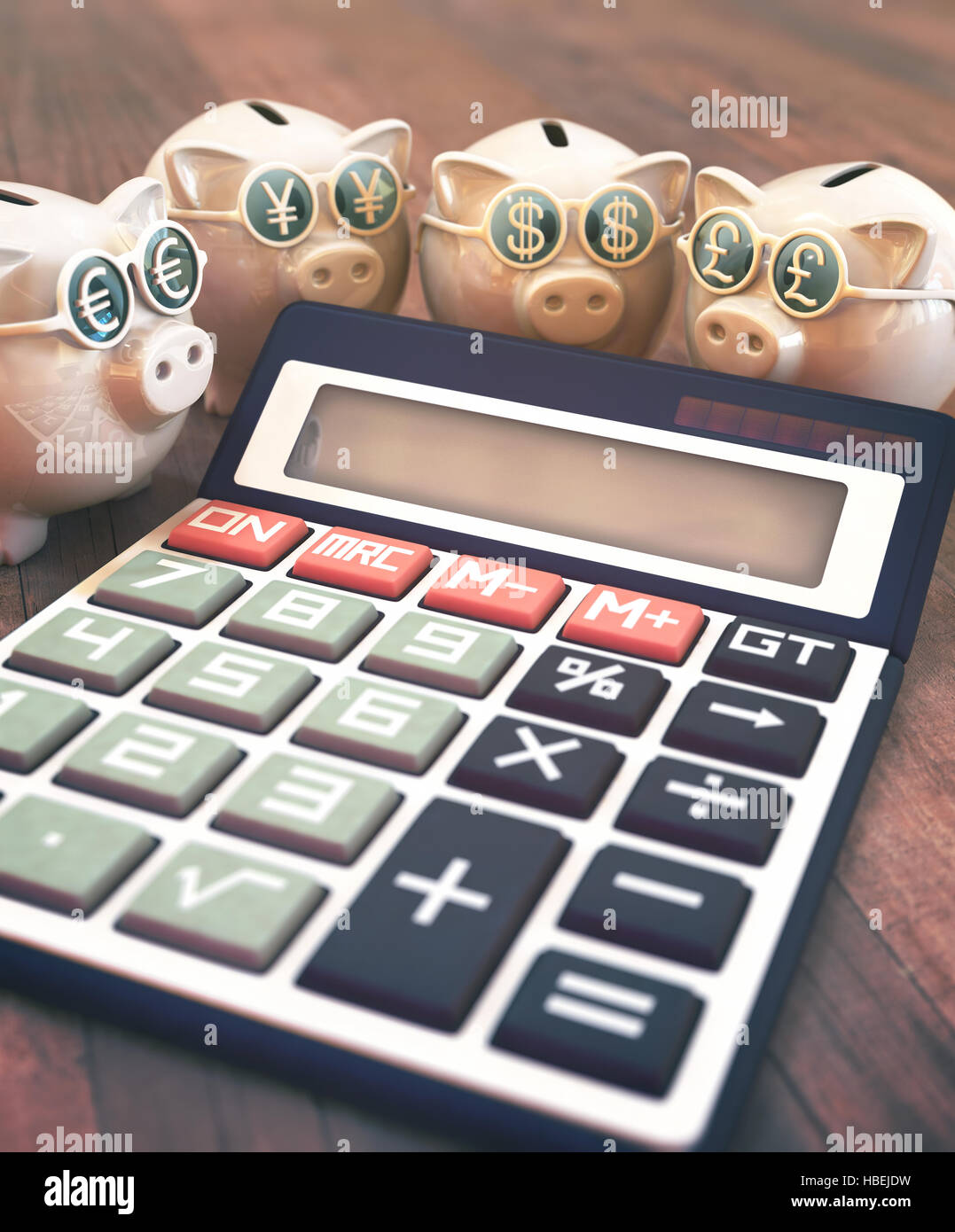 3D Darstellung, Konzept der Finanz und Wirtschaft. Sparschwein mit Gläsern mit Schild Geld, Euro, Yen, Dollar und Pfund. Stockfoto