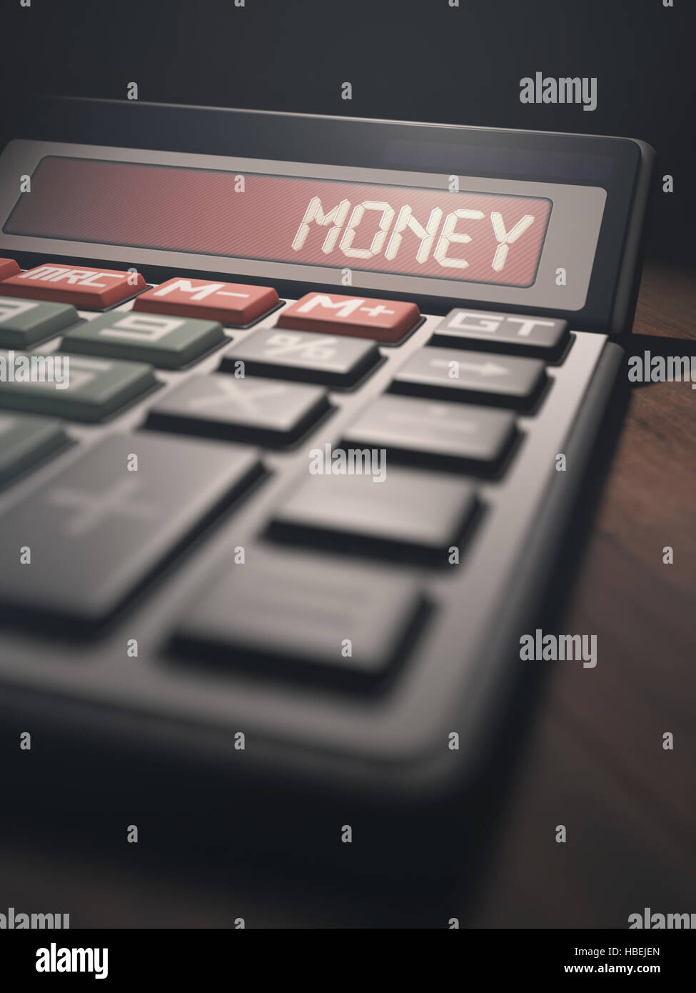 Rechner mit dem Wort "Geld" auf dem Display. 3D Darstellung, Konzept-Image von Unternehmen und Finanzen. Stockfoto