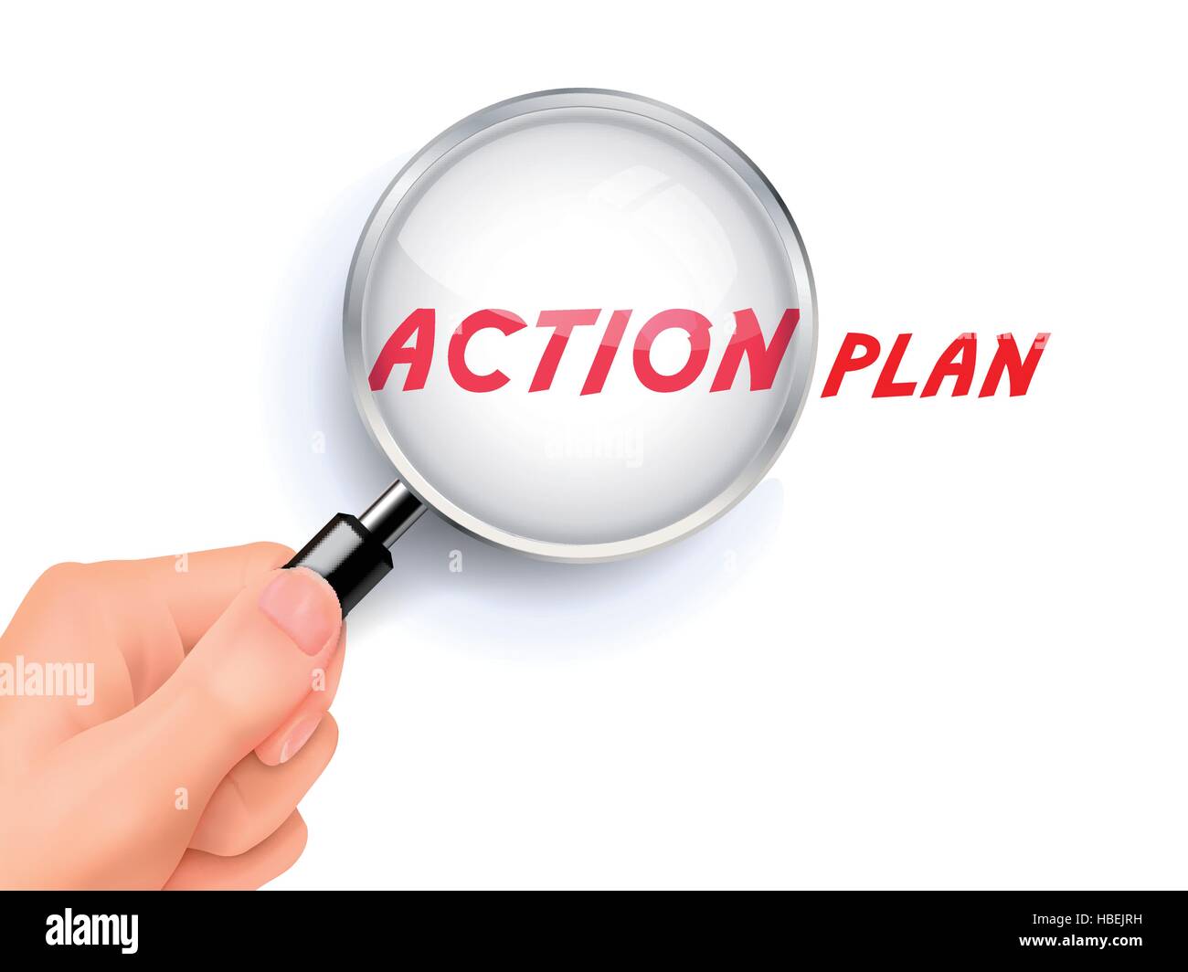 Action Plan Wort zeigen sich durch die Lupe statt von hand Stock Vektor
