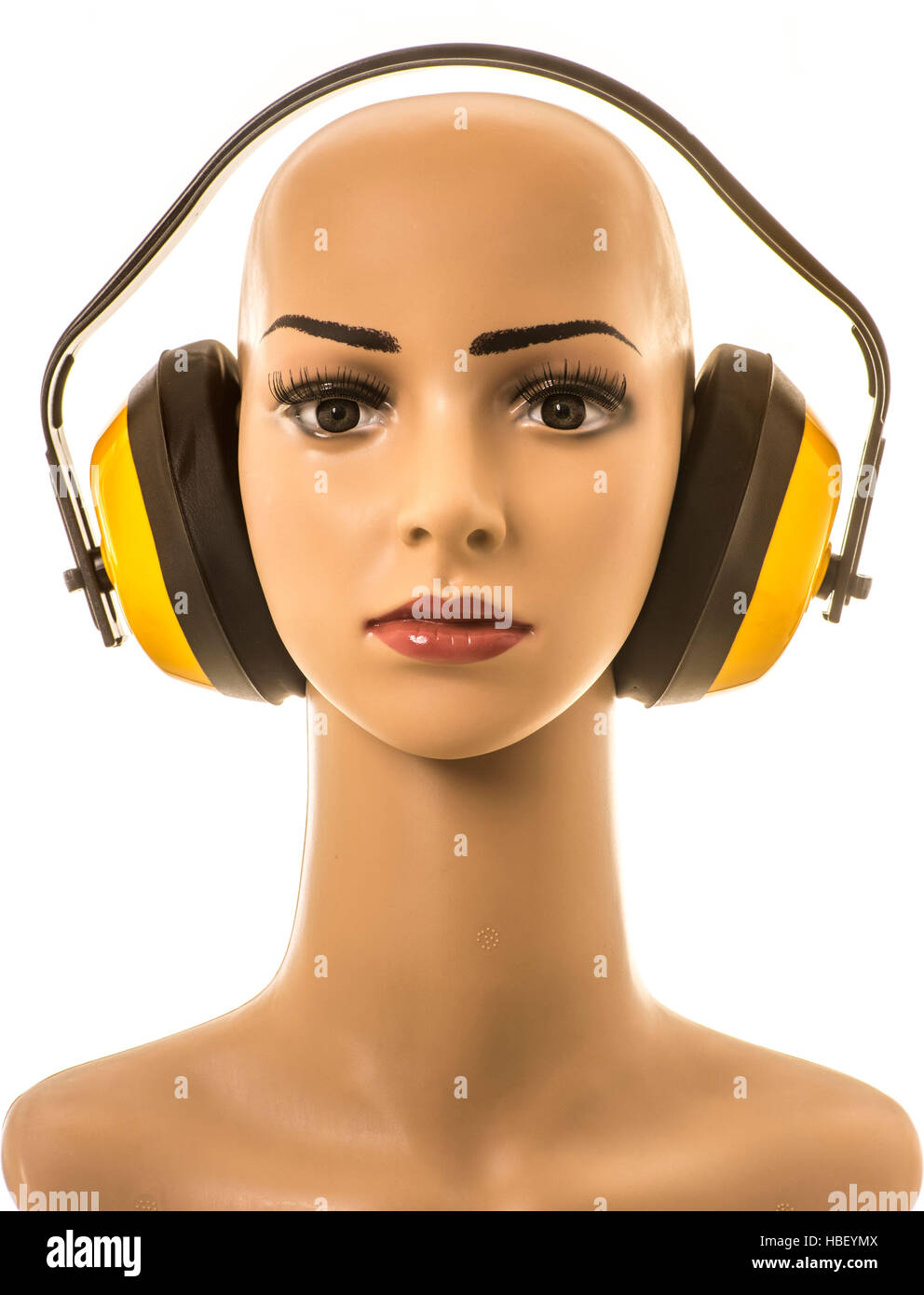 Mannequin gelbe Gehörschutz für Gehörschutz tragen. Stockfoto
