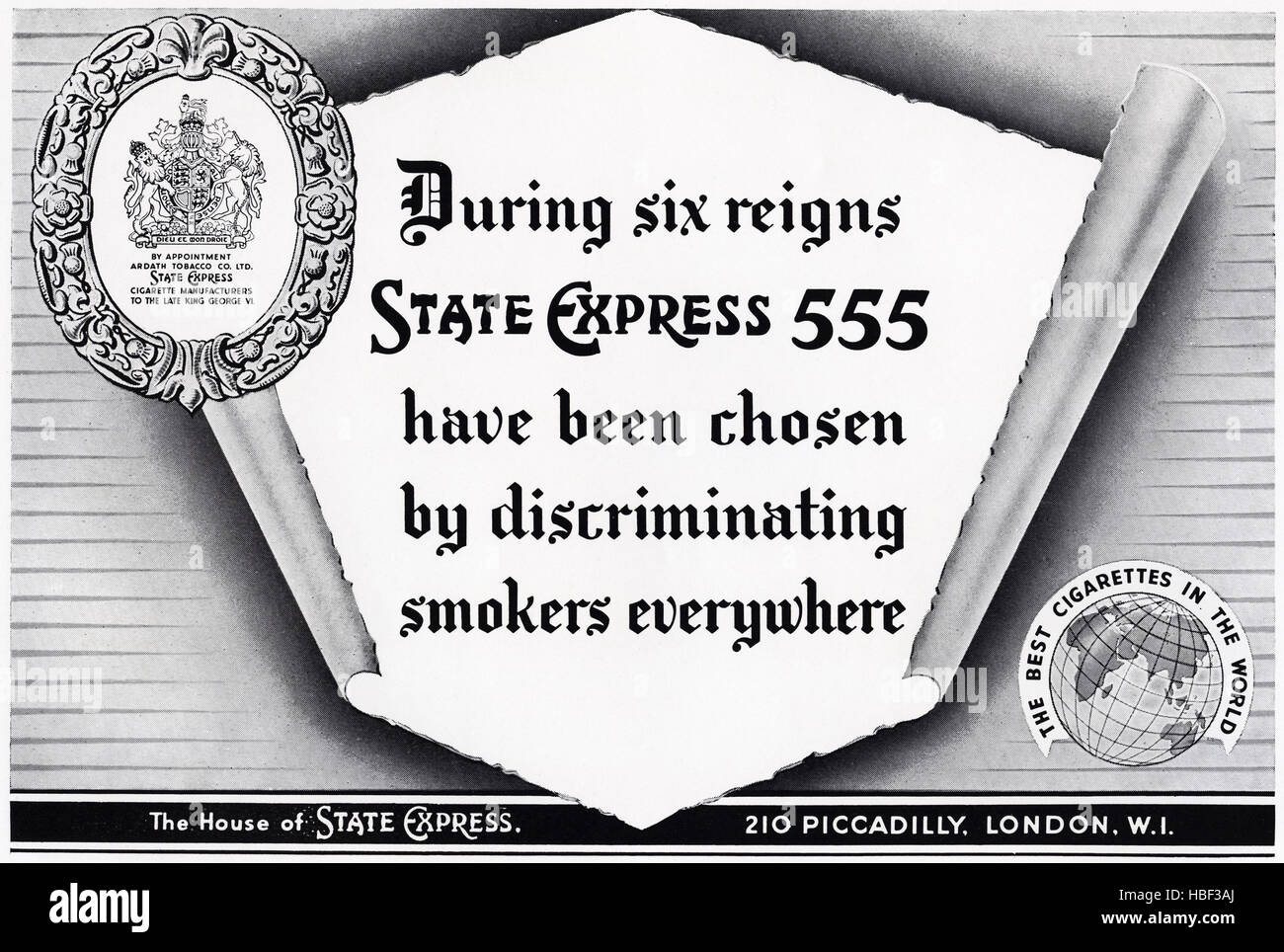 1950 Werbung Werbung von original alten Vintage 50s englische Magazin datiert 1953 Werbung für State Express 555 Zigaretten Stockfoto