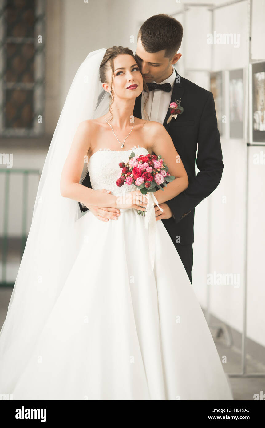 Perfekte Paar Braut, Bräutigam, posieren und küssen in ihrem Hochzeitstag Stockfoto