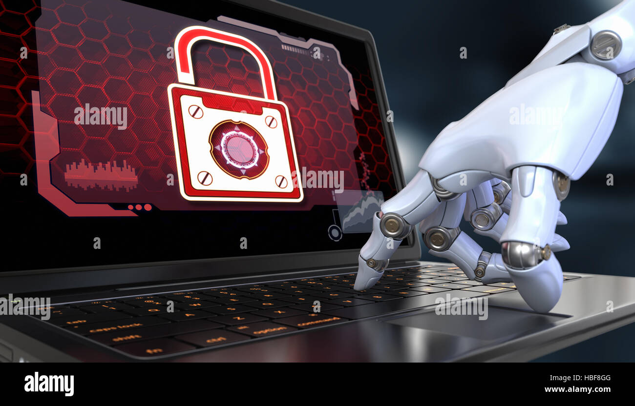 Schutz der Daten. Roboterhand über die Tastatur Laptop. Stockfoto