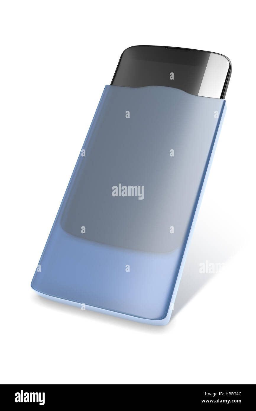 Smartphone in eine blaue Koffer Stockfoto