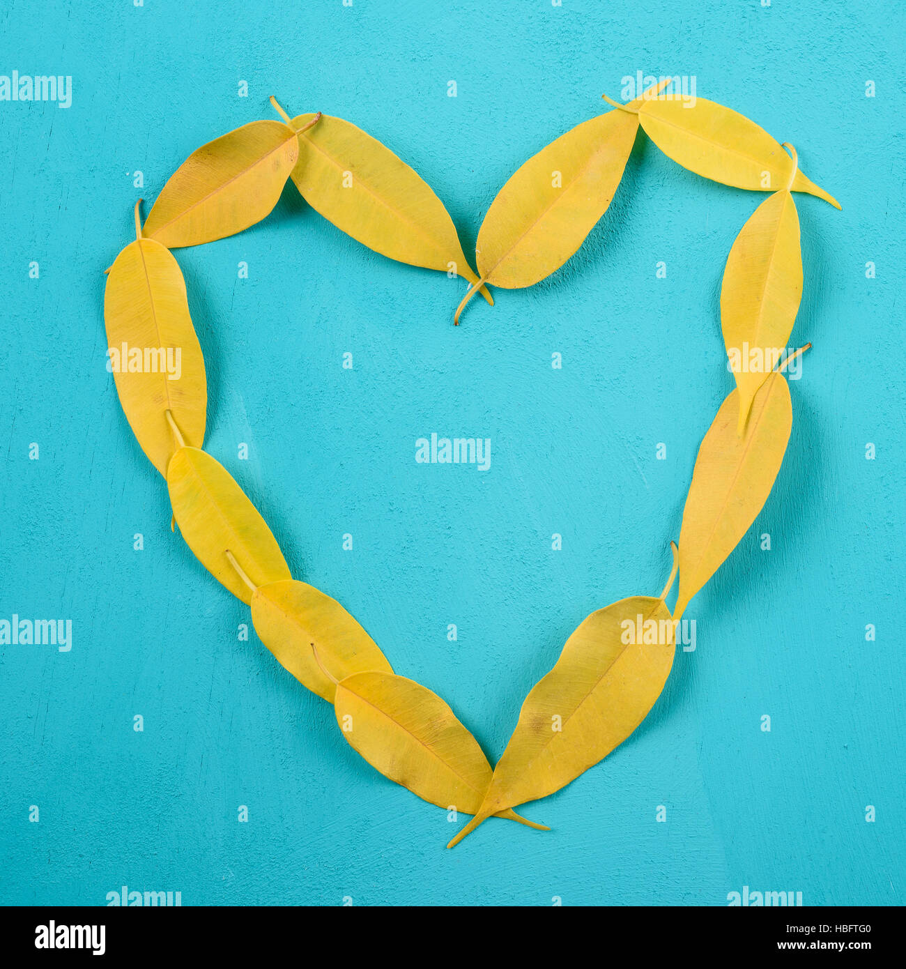Herzform, die gelbe auf Türkis Holztisch Herbstlaub Stockfoto