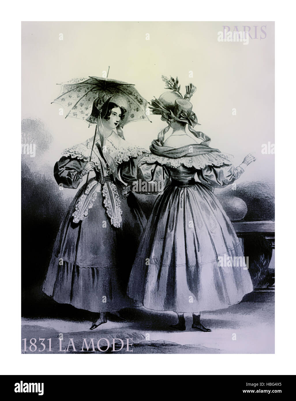 1831-Mode, französische Zeitschrift La Mode präsentiert zwei Damen stehen im Freien gemütlich plaudern mit ausgefallene Tücher und Sonnenschirm Stockfoto