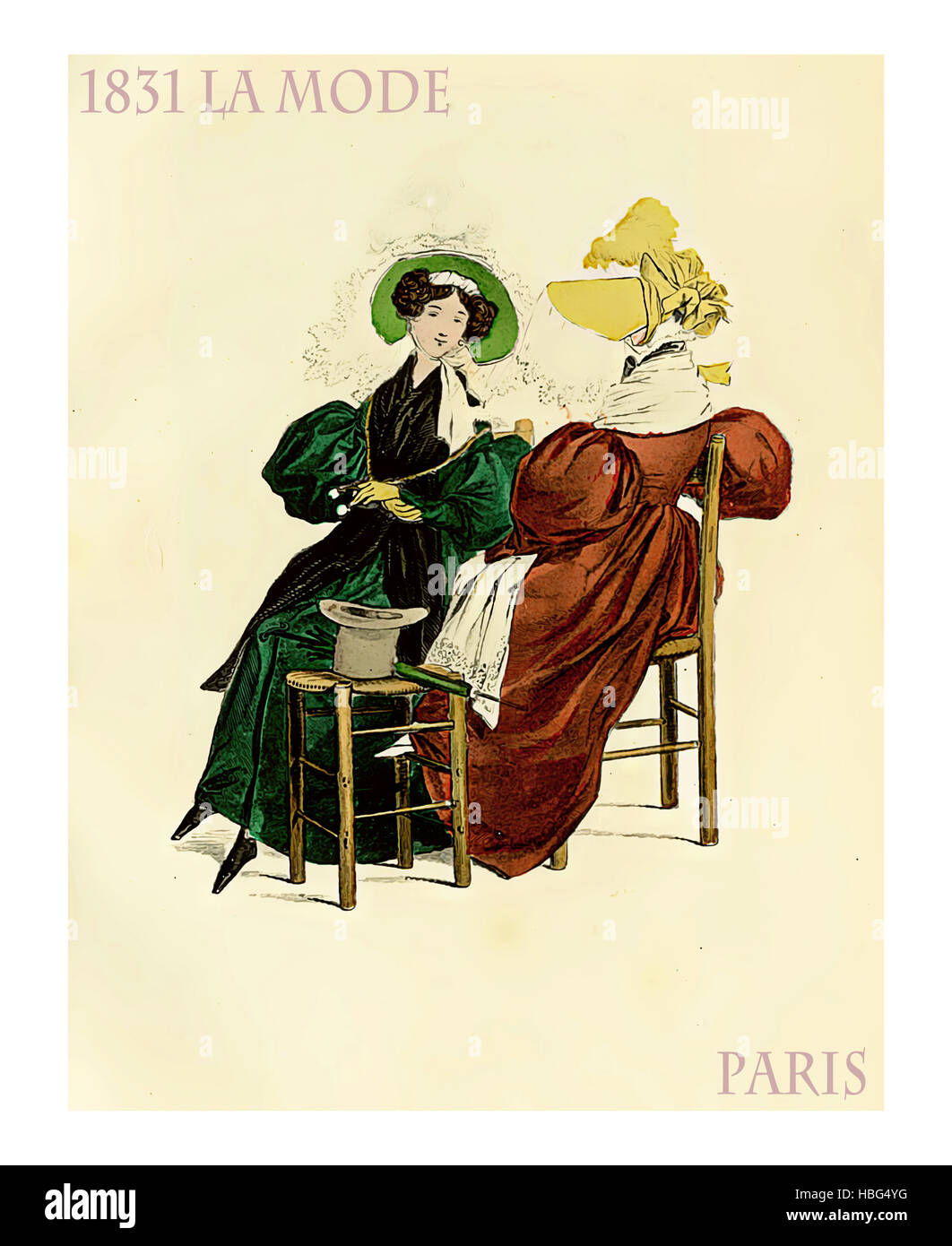 Mode-1831, französische Zeitschrift La Mode präsentiert zwei Damen gekleidet in kräftigen Farben mit Hüten und Schnürsenkel sitzen und plaudern Stockfoto