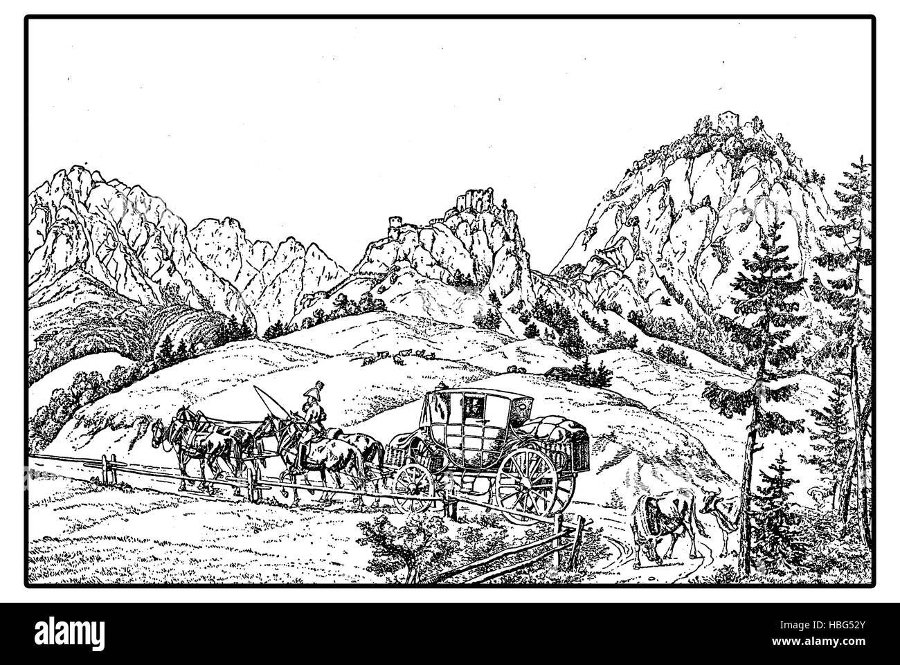 Vintage Gravur einer Postkutsche auf die Barriere auf der Burg Ehrenberg in den Alpen Stockfoto