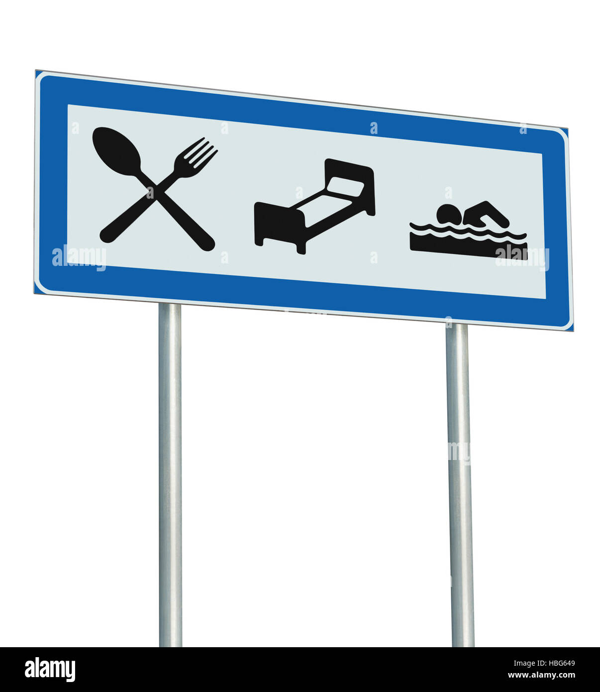 Parkplatz Schild isoliert, Restaurant, Hotel-Motel, Schwimmbad-Symbole, am Straßenrand Signage Pole Post, blau, schwarz Weißpunkt Unterkunft Resort Stockfoto