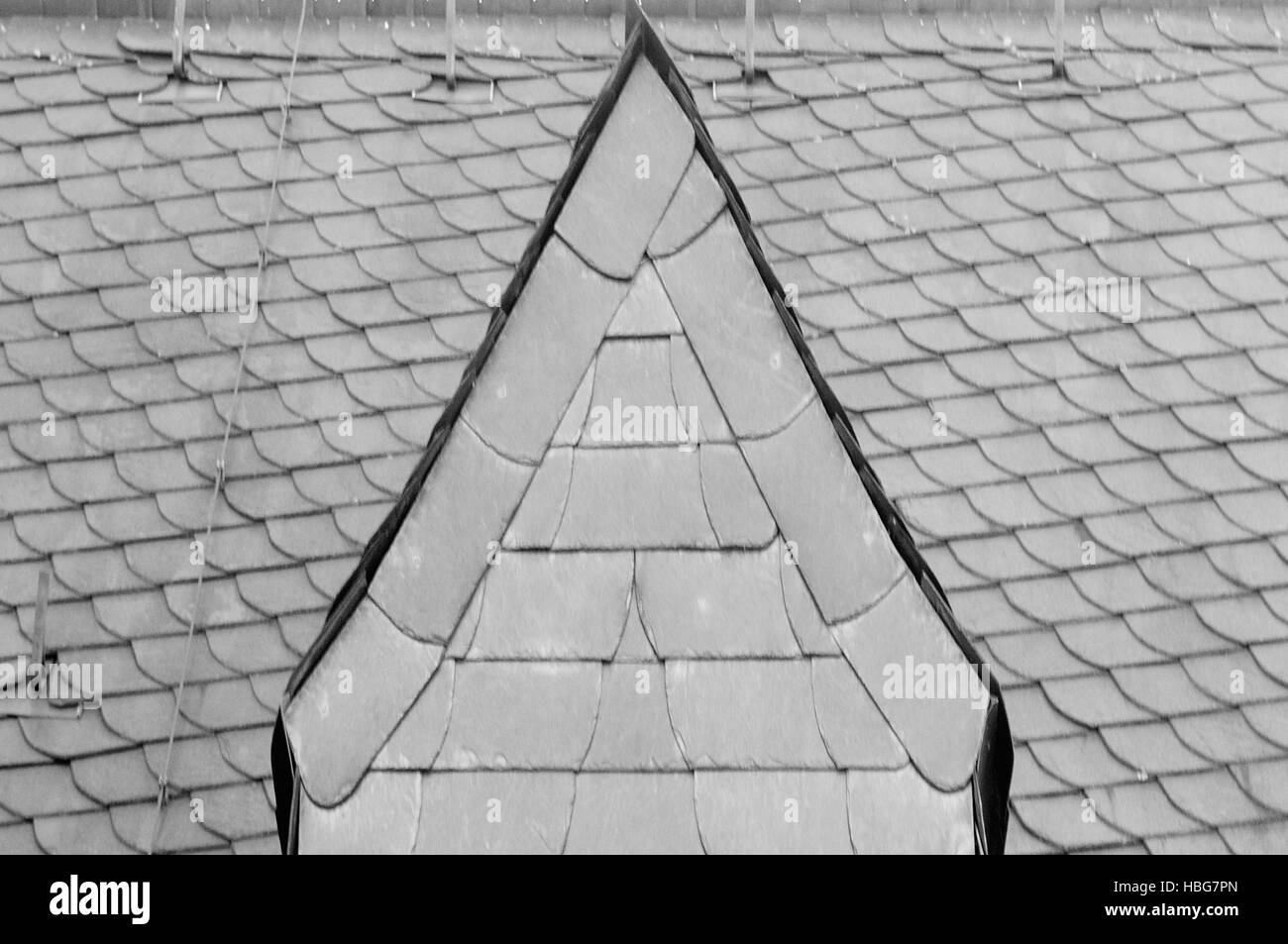 Schieferdach mit Dachgaube in schwarz / weiß Stockfoto