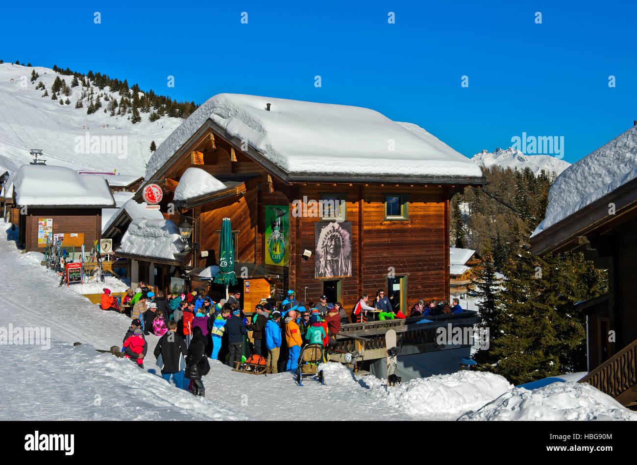 Albi Mountain Rock Café im Bereich Après-Ski, Bettmeralp, Wallis, Schweiz Stockfoto