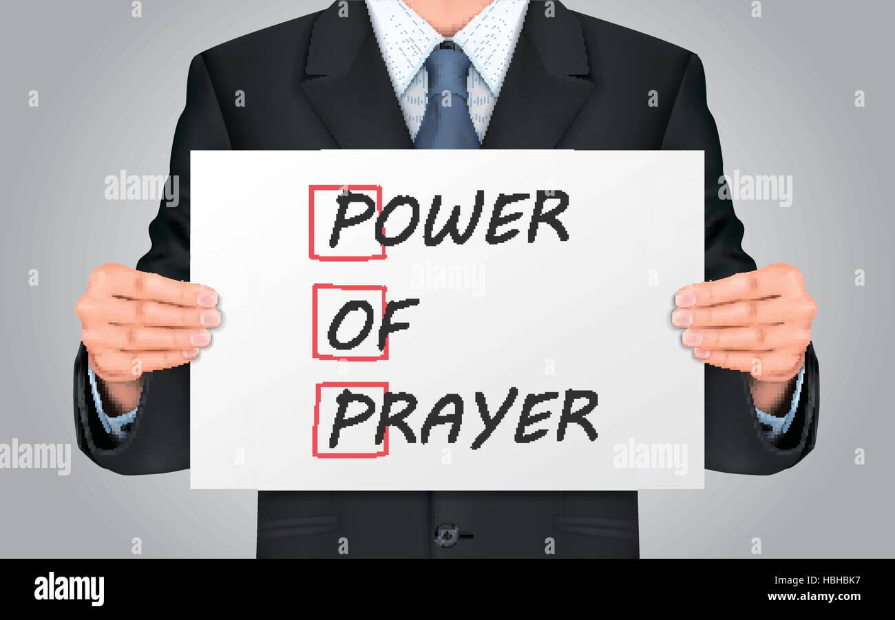 Nahaufnahme Blick auf Geschäftsmann hält Macht des Gebets-Plakat Stock Vektor