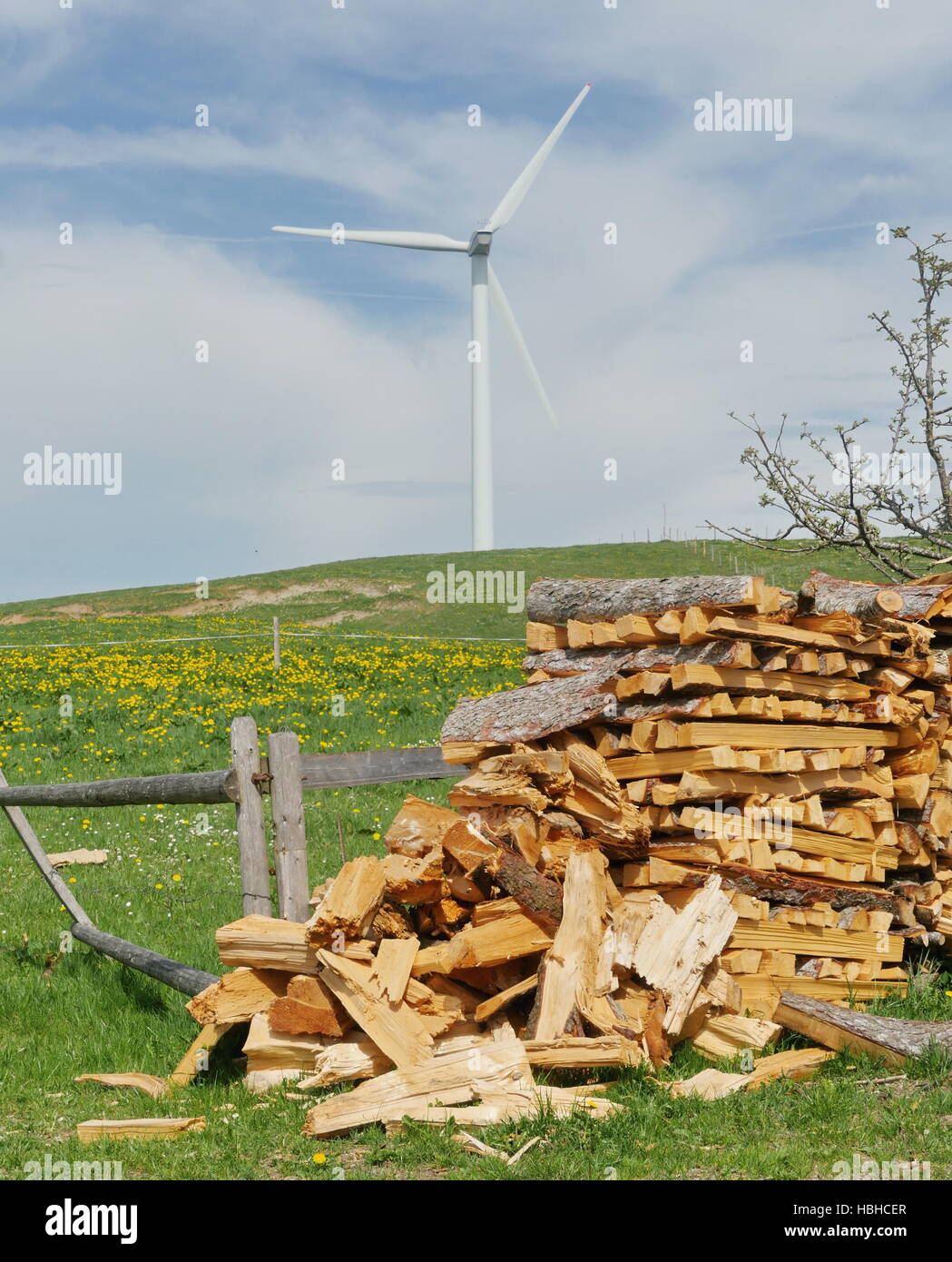 Holzhaufen mit Wind-Kraftwerk auf Hintergrund Stockfoto