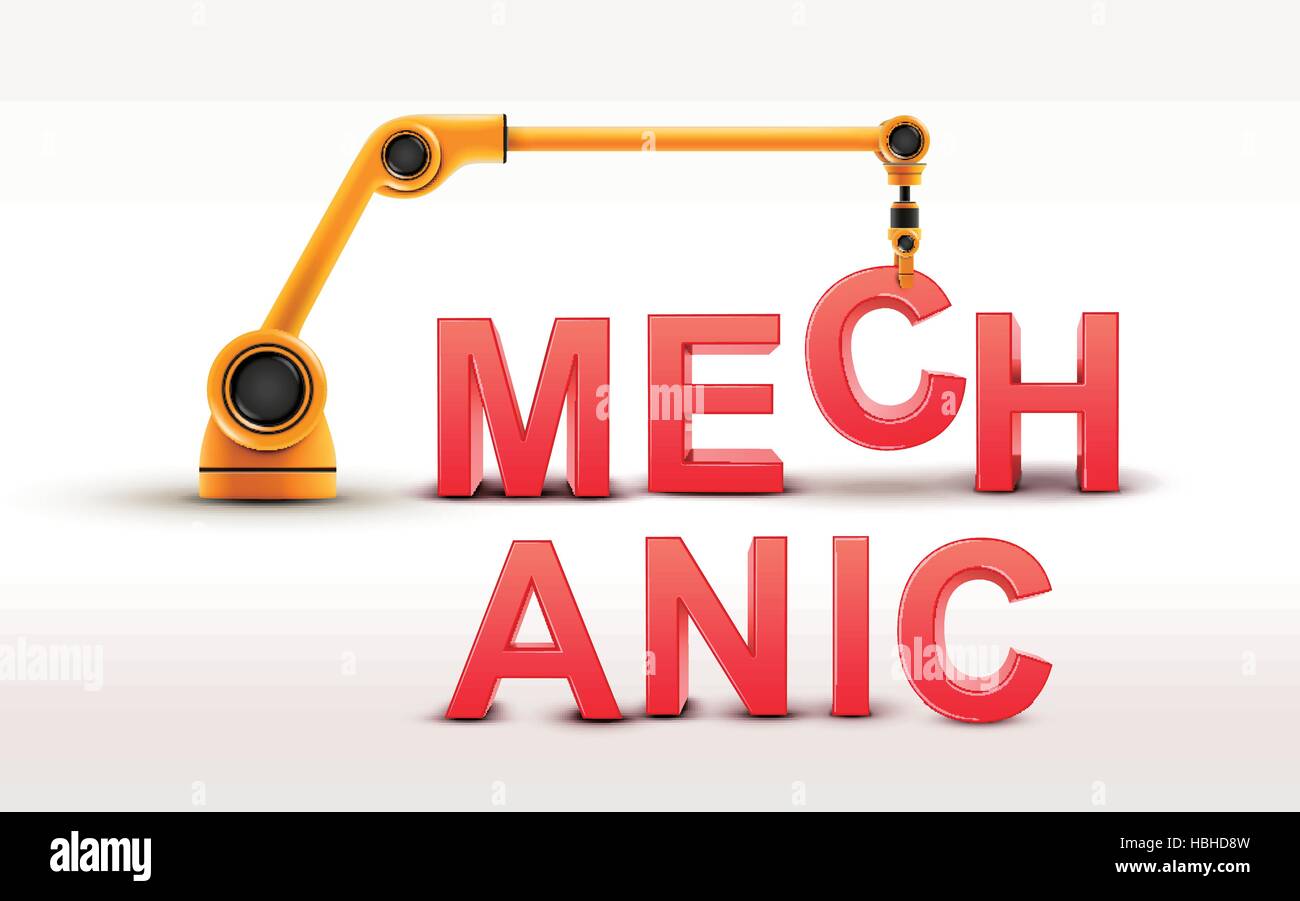 industrielle Roboterarm aufbauend Mechaniker Wort auf weißem Hintergrund Stock Vektor