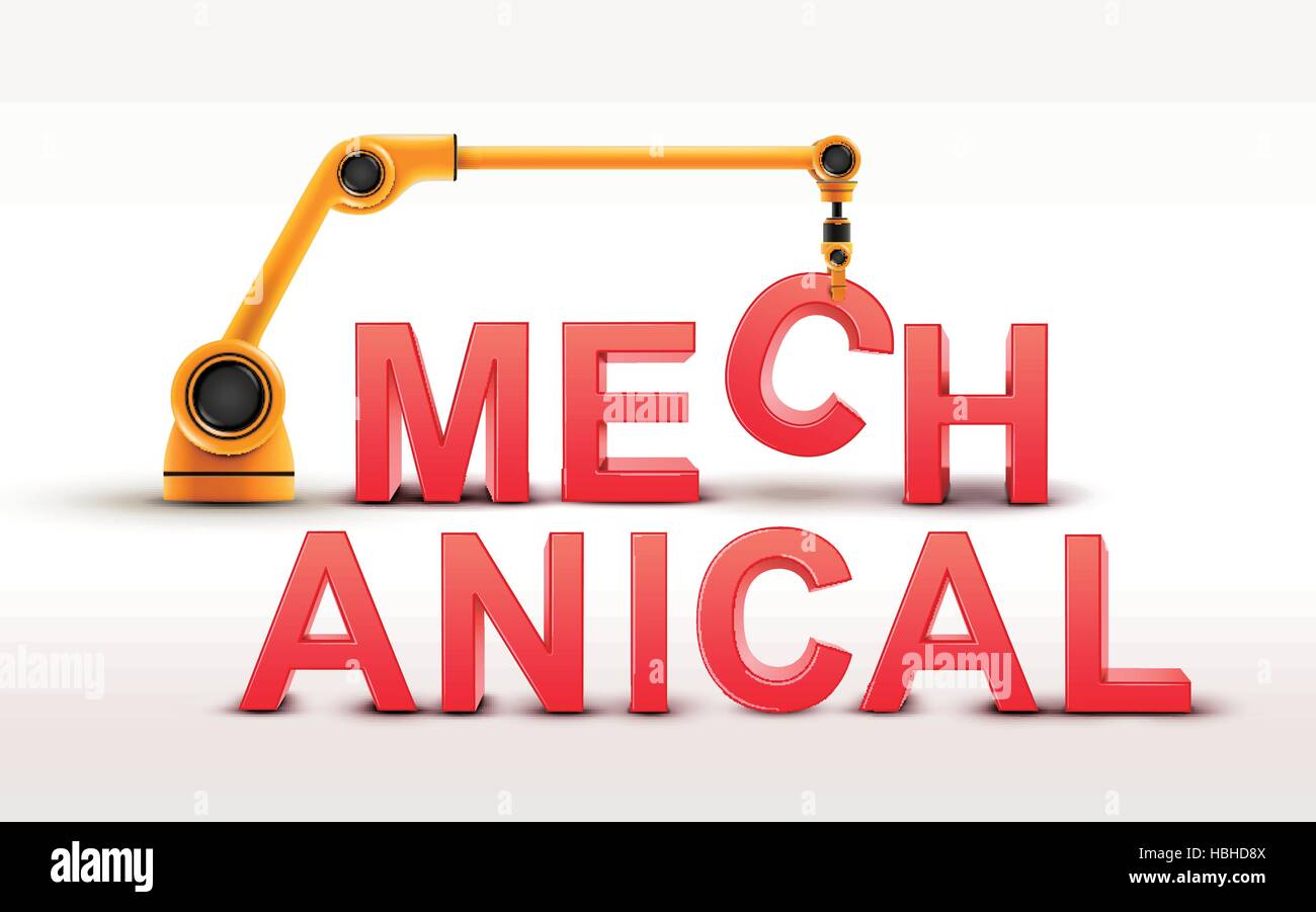 industrielle Roboterarm Gebäude mechanische Wort auf weißem Hintergrund Stock Vektor