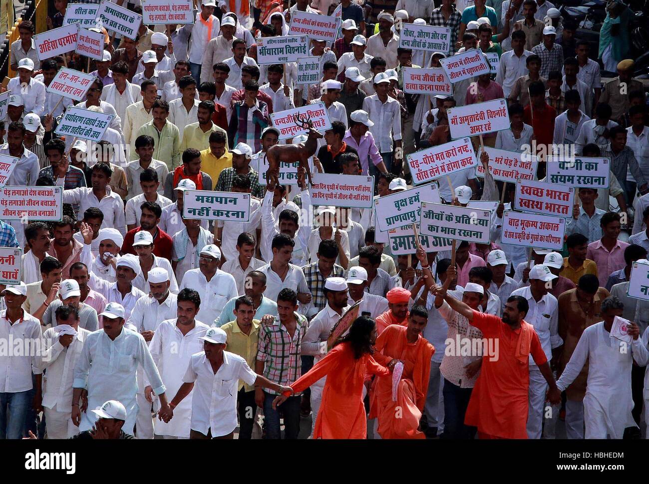 Mitglieder Bishnoi Gesellschaft halten Plakate gegen Rajasthan High Court Entscheidung Freispruch Salman Khan Chinkara Wilderei Jodhpur Stockfoto