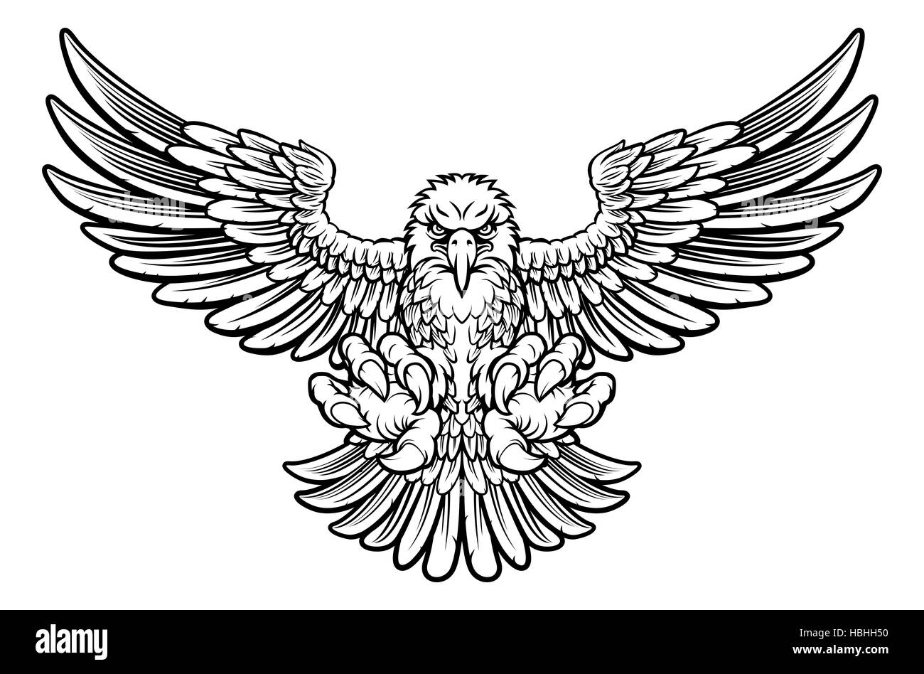Holzschnitt-Stil Weißkopfseeadler Maskottchen Sturzflug mit Talon Krallen nach vorne und Flügel ausbreiten Stockfoto