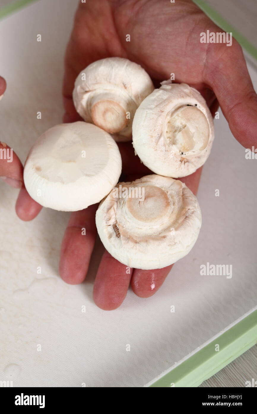 Rohe geschälte Taste Pilze auf Seite. Huhn, Käse und Lauch-Paket-Serie zu machen. Stockfoto