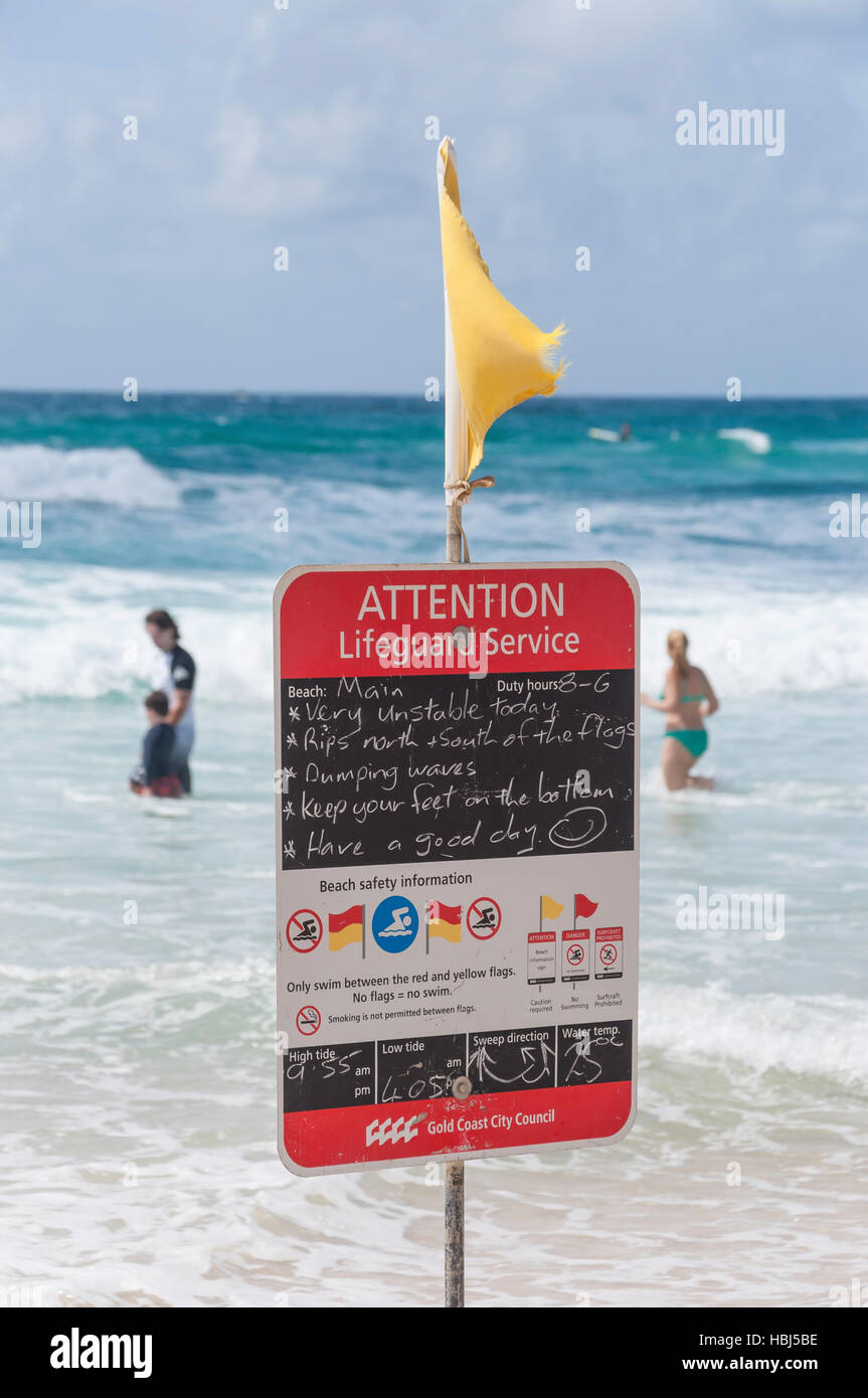 Rettungsschwimmer Surf Bedingungen Zeichen, Main Beach, City of Gold Coast, Queensland, Australien Stockfoto