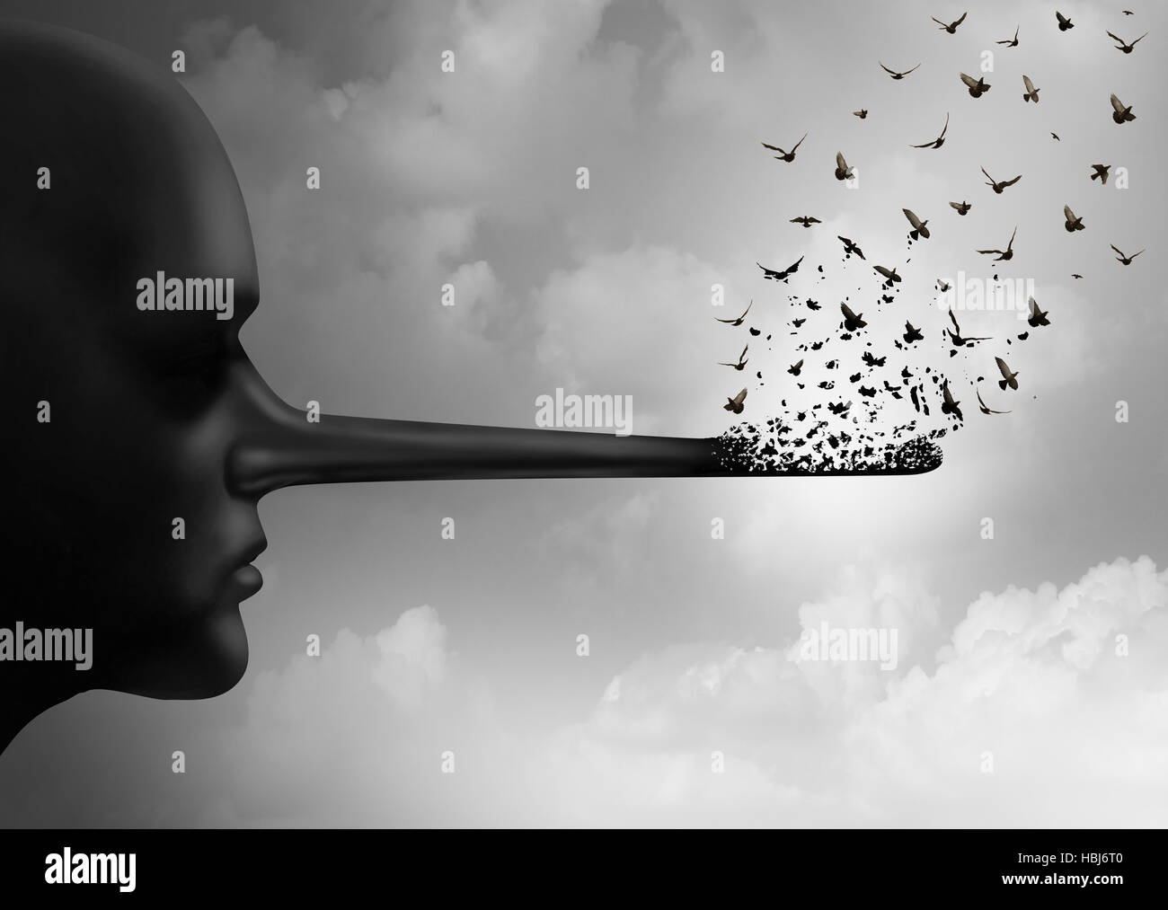 Korruption-Konzept oder verbreiten Lügen Symbol als eine Person mit langer Nase, der ersetzt wird durch fliegende Vögel als Metapher für Ehrlichkeit und com zu stoppen Stockfoto