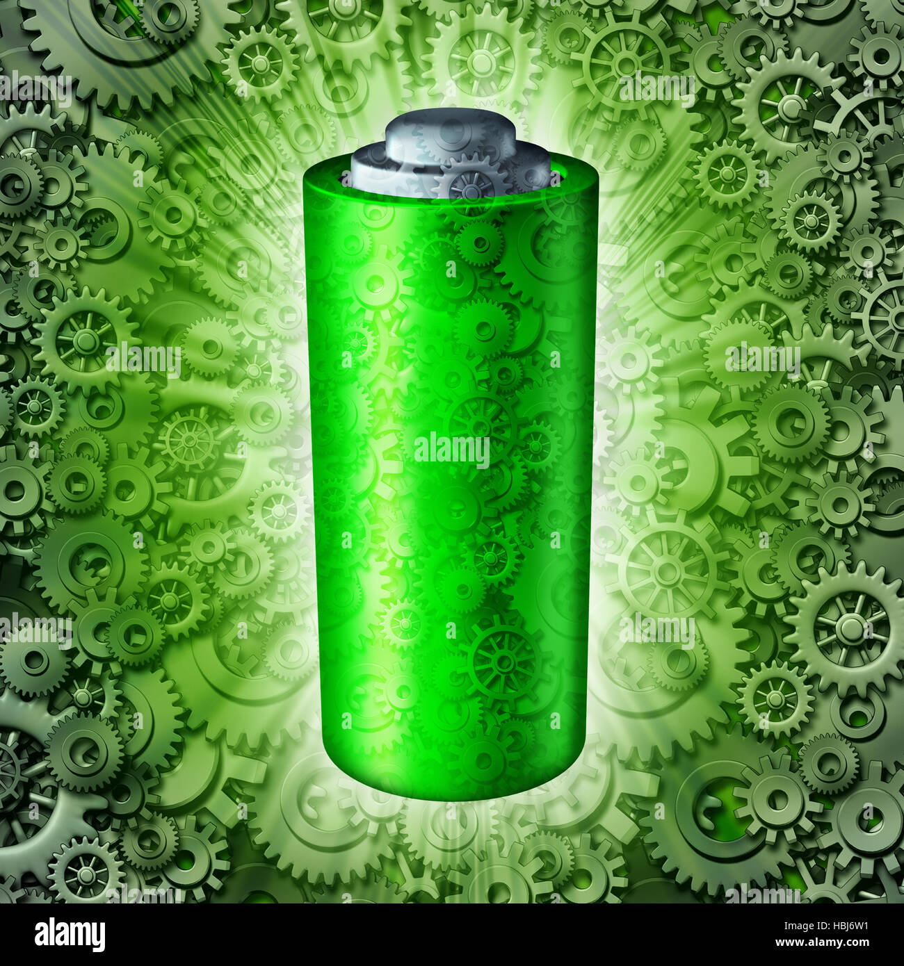 Batterie-Technologie-Symbol und wiederaufladbare Energiekonzept als grüne saubere elektrische Kraftstoff Speicherobjekt mit mechanischen Getriebe und Zahnräder als ein Glühen Stockfoto
