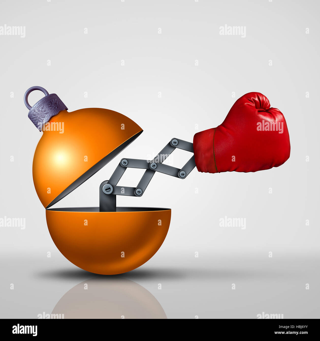 Boxing Day-Verkauf-Konzept als eine offene Festliche Weihnachtsdekoration ornament mit Überraschung Boxhandschuh emerging als Winter Einzelhandel Rabatt Aktion s Stockfoto