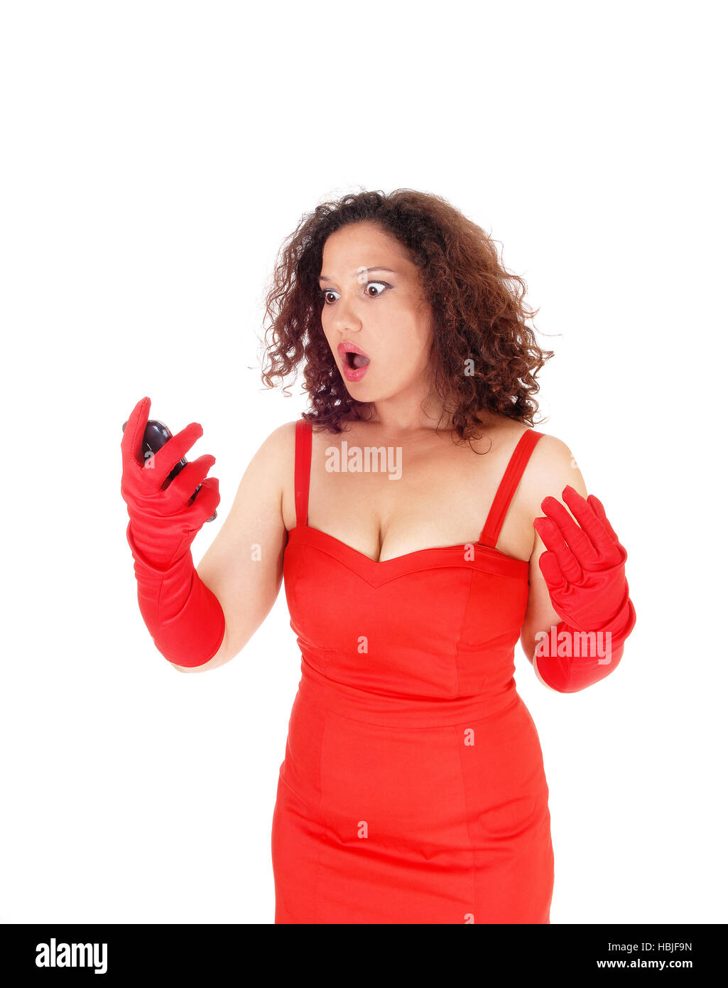 Sehr überrascht Frau im Kleid. Stockfoto