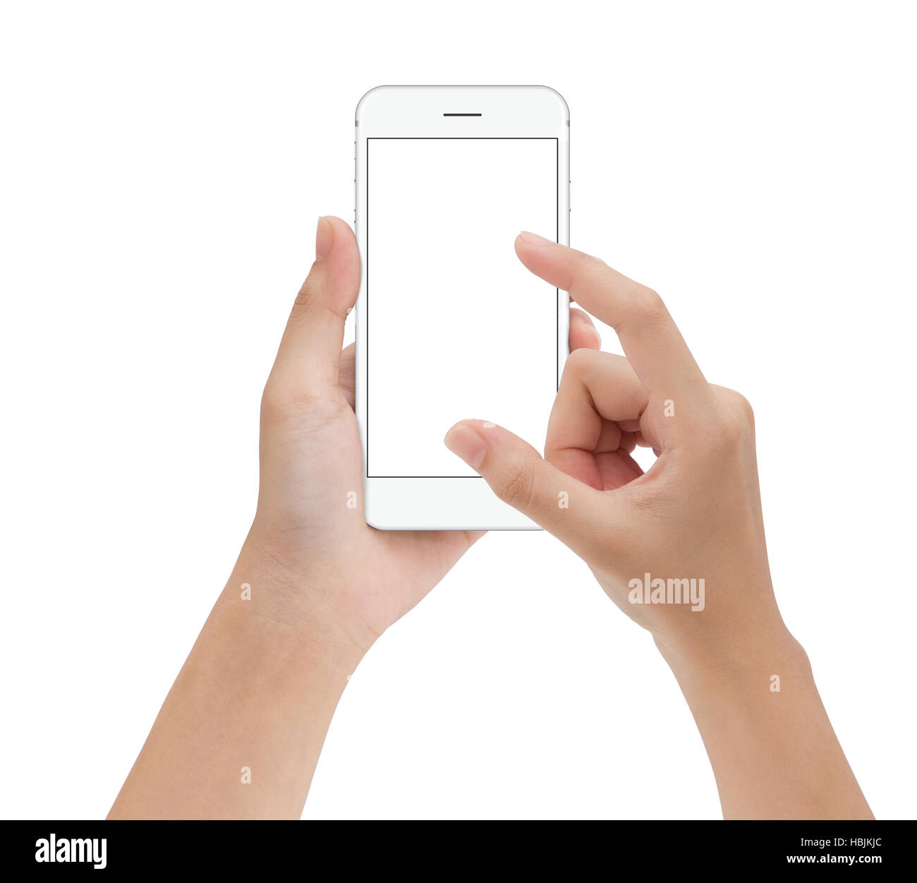 Close-up Hand berühren Telefon Handy isoliert auf weiss, mock-up Smartphone leerer Bildschirm einfache Justage mit Beschneidungspfad Stockfoto