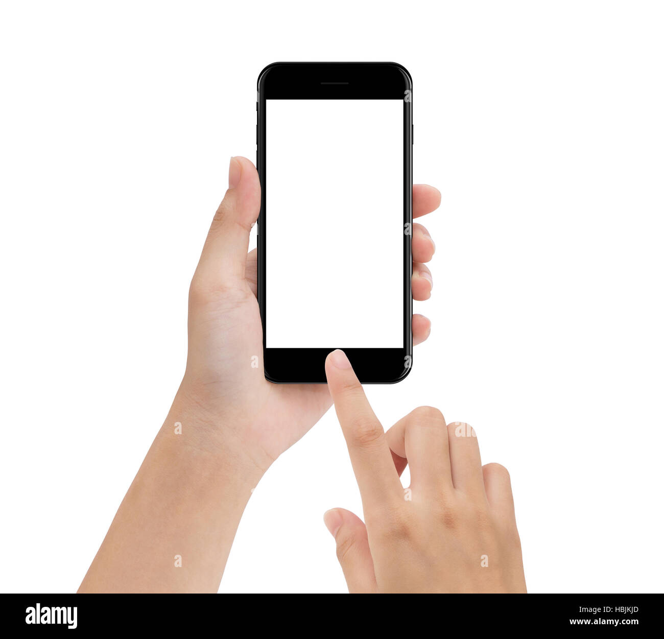 Close-up Hand mit Telefon mobile isoliert auf weiss, mock-up Smartphone leerer Bildschirm einfache Justage mit Beschneidungspfad Stockfoto