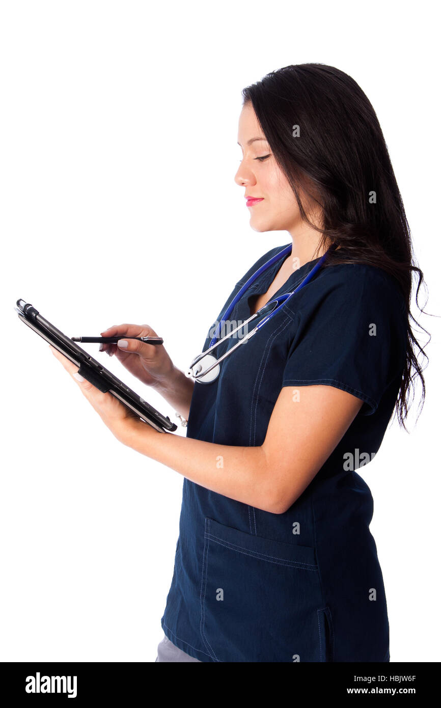 Krankenschwester schreiben digitale Patientenakte Stockfoto