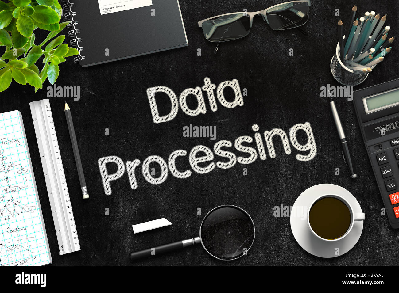 Schwarze Tafel mit Datenverarbeitung. 3D-Rendering. Stockfoto