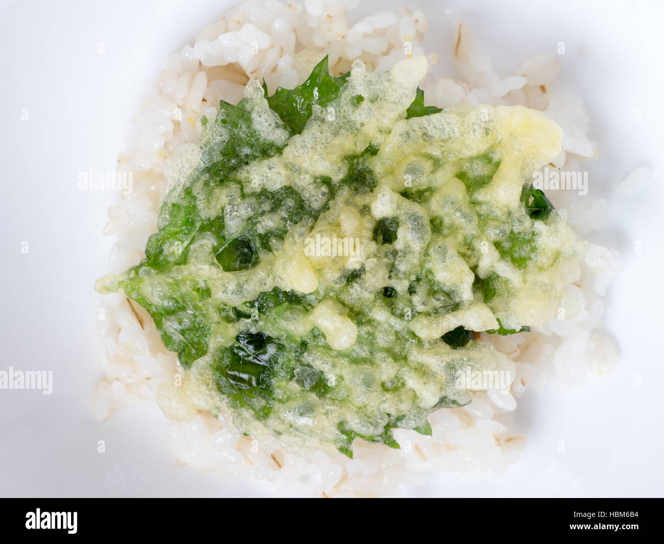 Japanische Küche, Draufsicht des gebratenen Macrophyll auf den Reis genannt eine Sehne in Japanisch auf der Schüssel weiß Stockfoto
