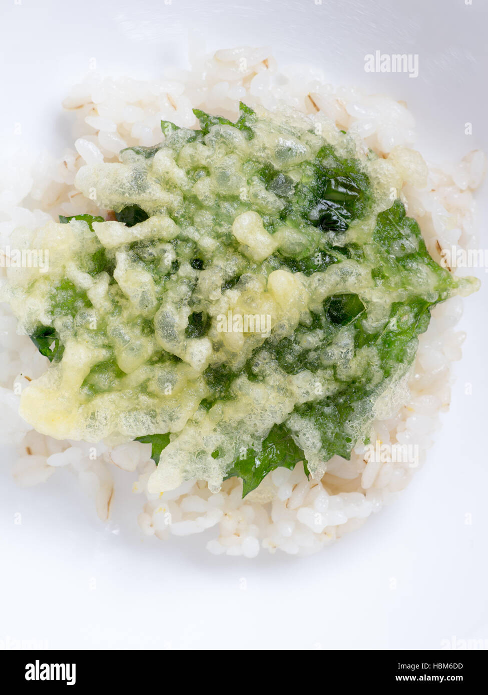 Japanische Küche, Draufsicht des gebratenen Macrophyll auf den Reis genannt eine Sehne in Japanisch auf der Schüssel weiß Stockfoto