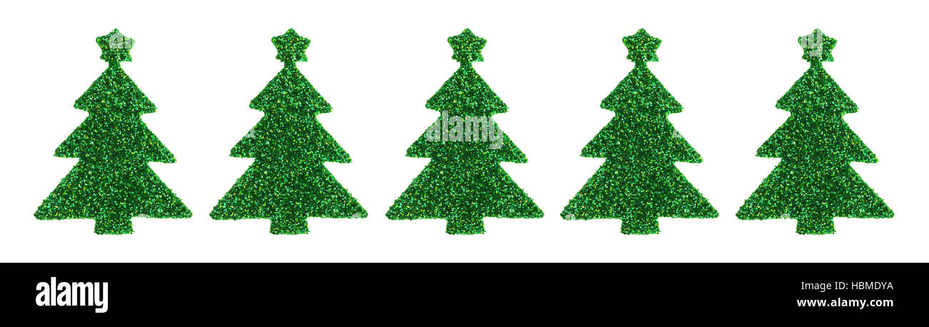 Eine Reihe von Grün Glitter Weihnachtsbaum Aufkleber isoliert auf einem weißen Hintergrund. Stockfoto