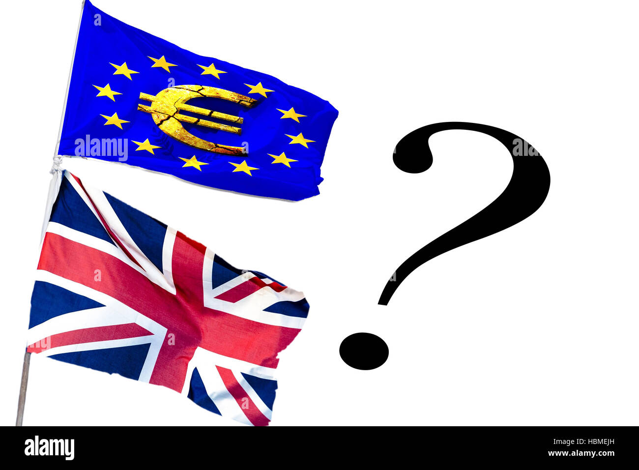 Britische Flagge und EU-Flagge mit Fragezeichen Stockfoto