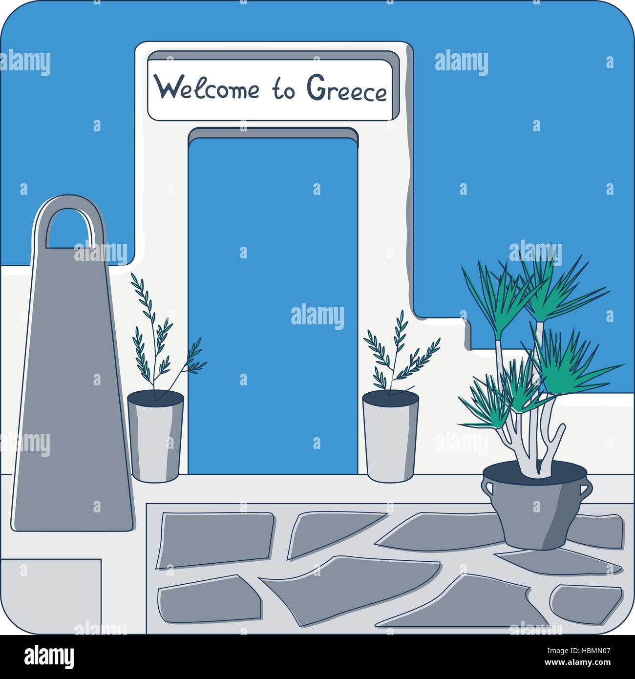 Weißes Tor in der Wand mit "Willkommen in Griechenland" Einladung und Olivenbäumen in den Töpfen-Vektor-illustration Stock Vektor